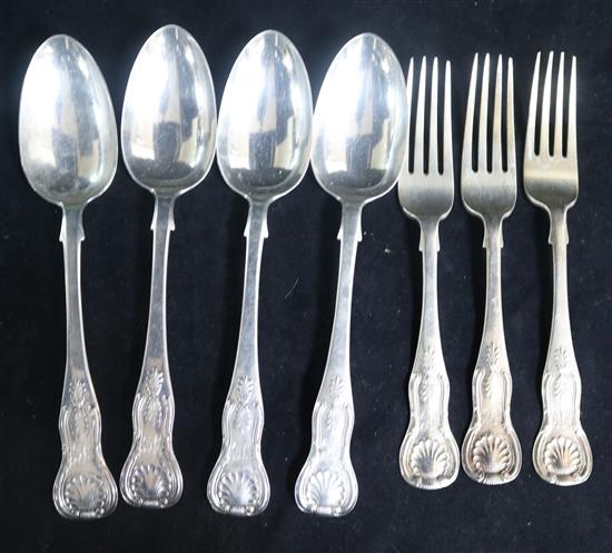 Four Victorian Scottish silver Kings pattern table spoons and three table forks, 17 oz.